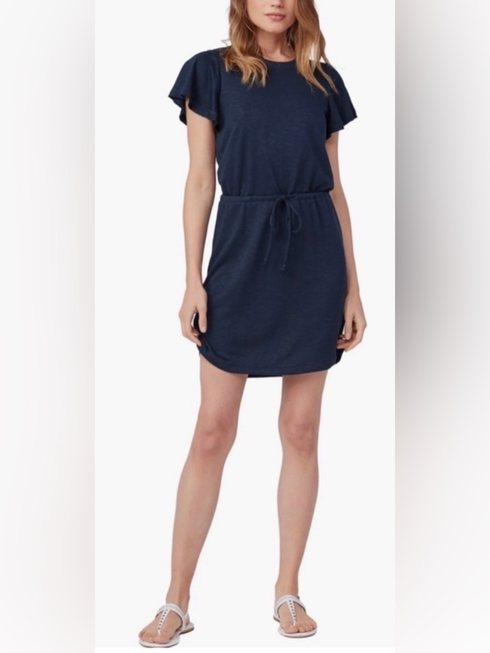 PAIGE Navy Mini Dress Raw Edge Flutter Sleeve Effortless Drawstring Knit S